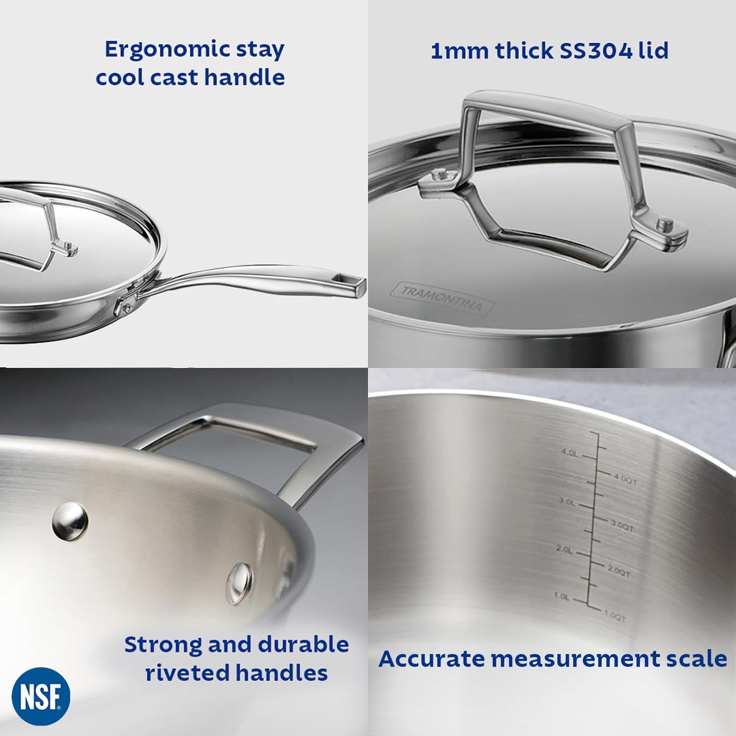 Tramontina Aeion 20cm Stainless Steel Tri-Ply Fry Pan with SS Lid