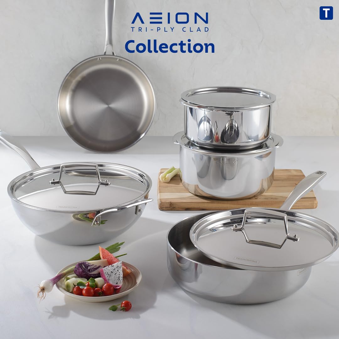 Tramontina Aeion 22cm Stainless Steel Tri-Ply Extra Deep Kadai with SS Lid - 3.0L