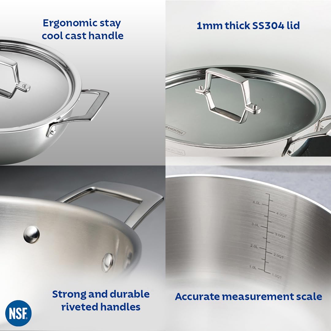 Tramontina Aeion 22cm Stainless Steel Tri-Ply Extra Deep Kadai with SS Lid - 3.0L