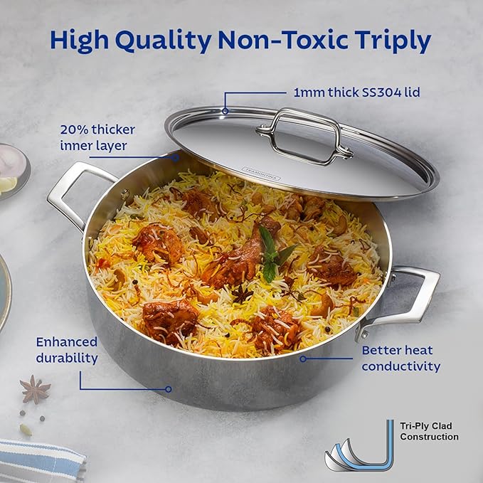 Tramontina Aeion 24cm Stainless Steel Tri-Ply Biryani Pot with SS Lid - 4.8L