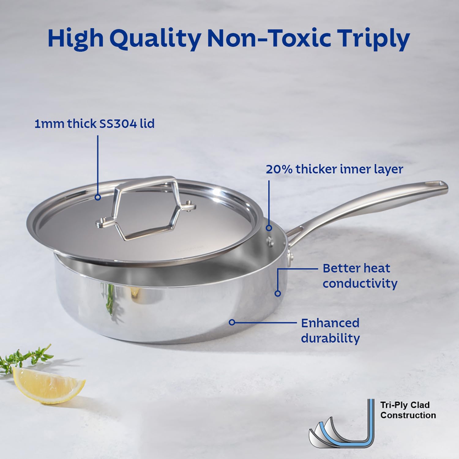 Tramontina Aeion 24cm Stainless Steel Tri-Ply Sauté Pan with SS Lid - 2.8L