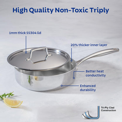 Tramontina Aeion 24cm Stainless Steel Tri-Ply Sauté Pan with SS Lid - 2.8L