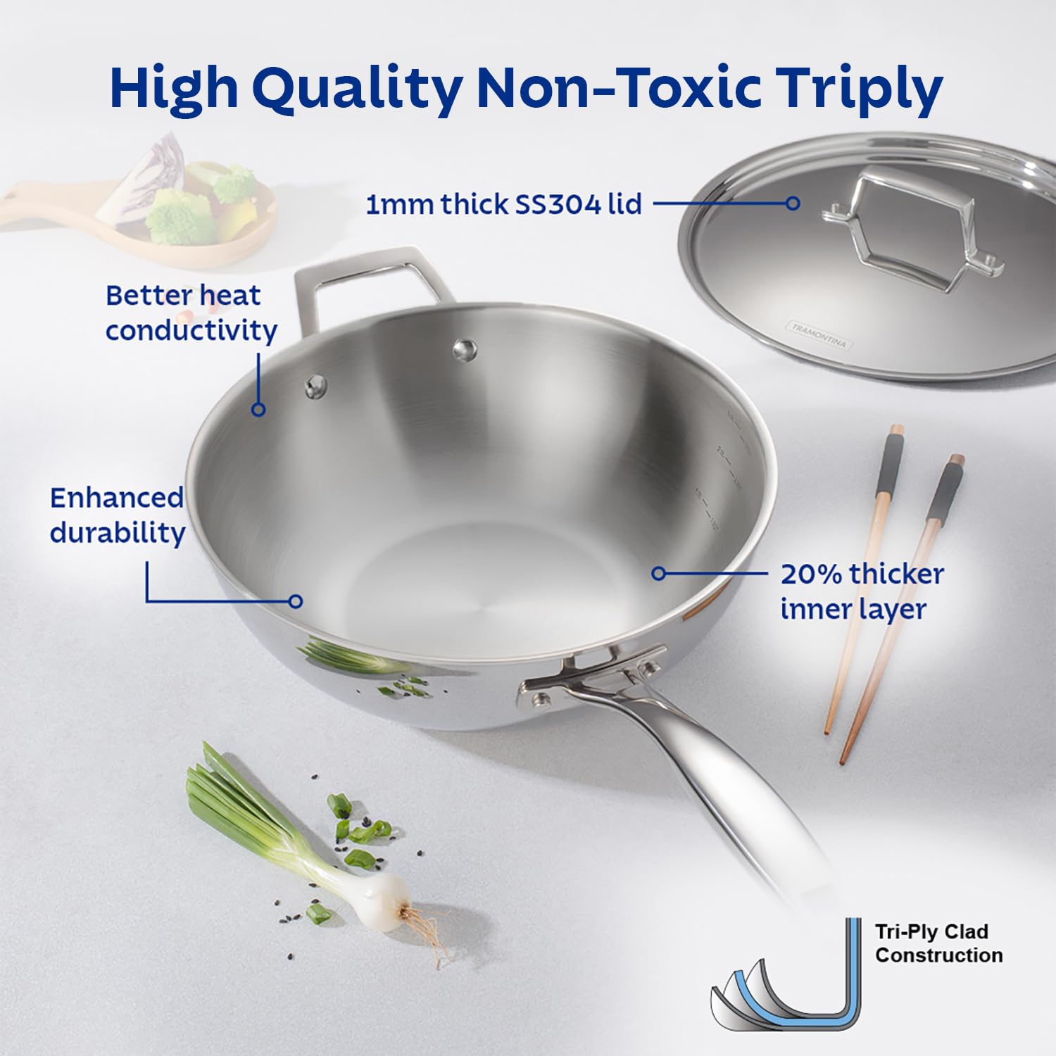 Tramontina Aeion 26cm Stainless Steel Tri-Ply Chinese Wok with SS Lid - 3.7L