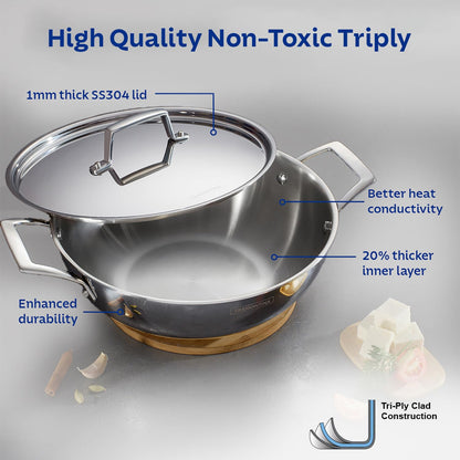 Tramontina Aeion 26cm Stainless Steel Tri-Ply Kadai with SS Lid - 3.7L