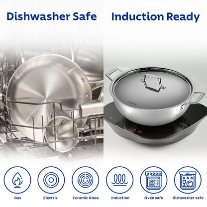 Tramontina Aeion 28cm Stainless Steel Tri-Ply Extra Deep Kadai with SS Lid - 5.9L