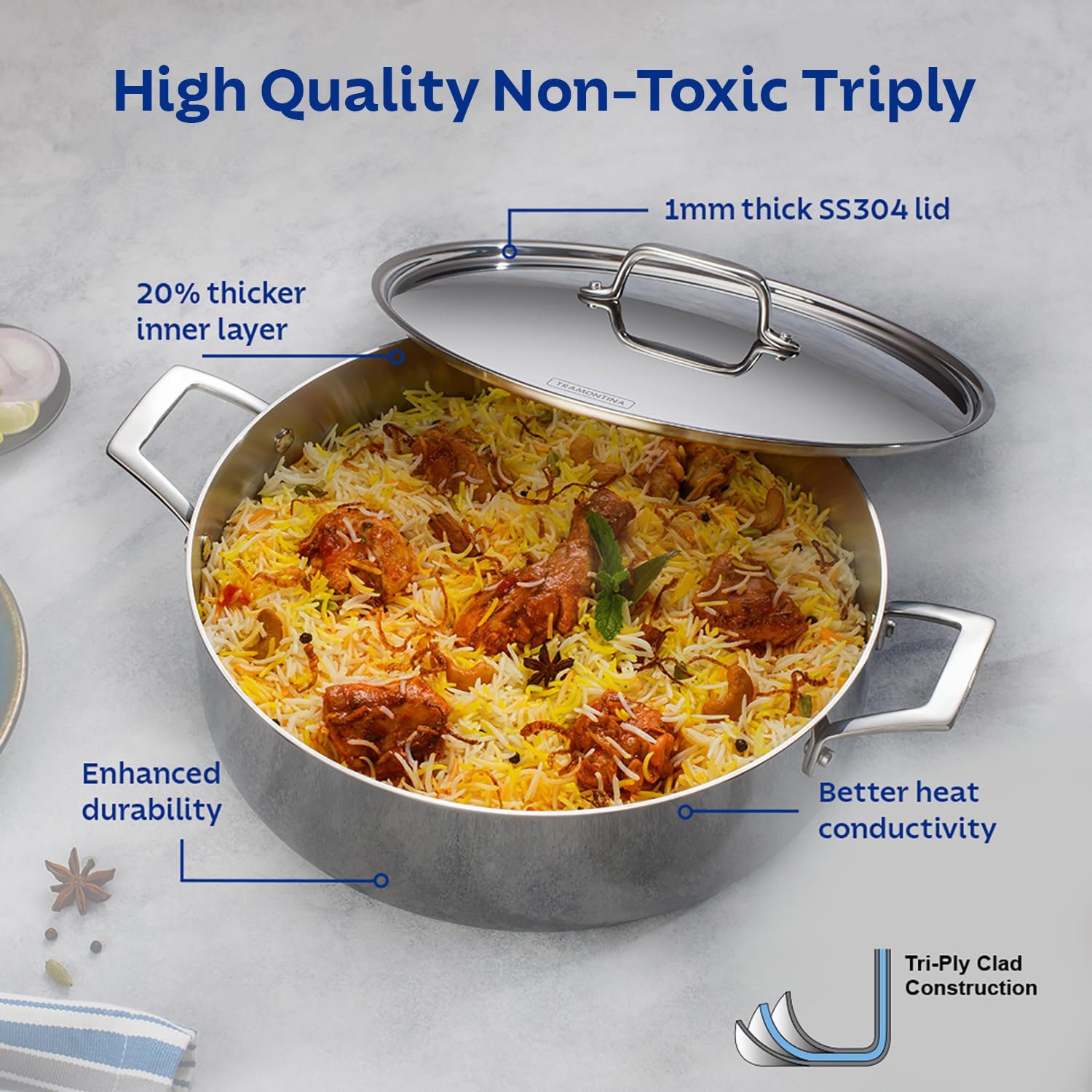 Tramontina Aeion 30cm Stainless Steel Tri-Ply Biryani LaganBraiser with SS Lid - 6.2L