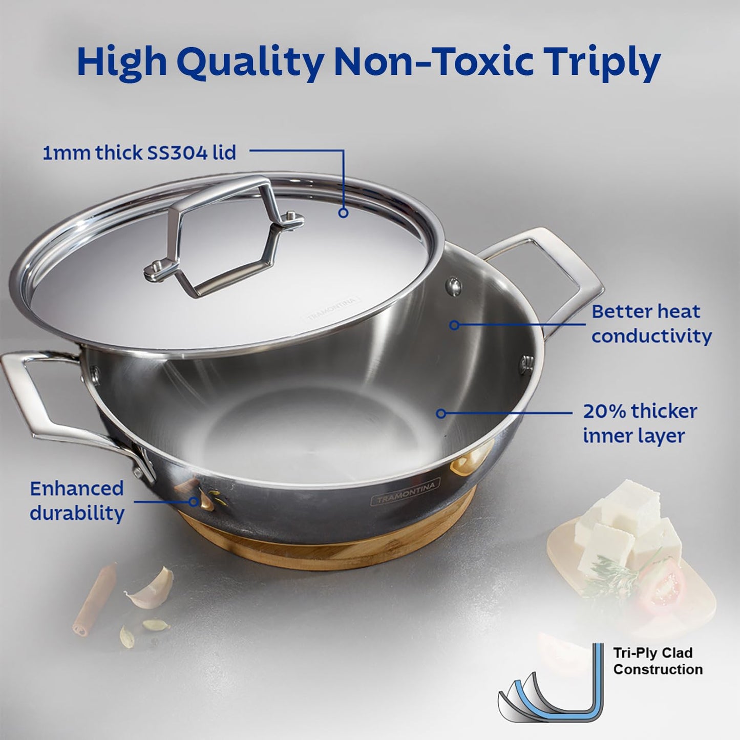 Tramontina Aeion 30cm Stainless Steel Tri-Ply Kadai with SS Lid - 5.7L