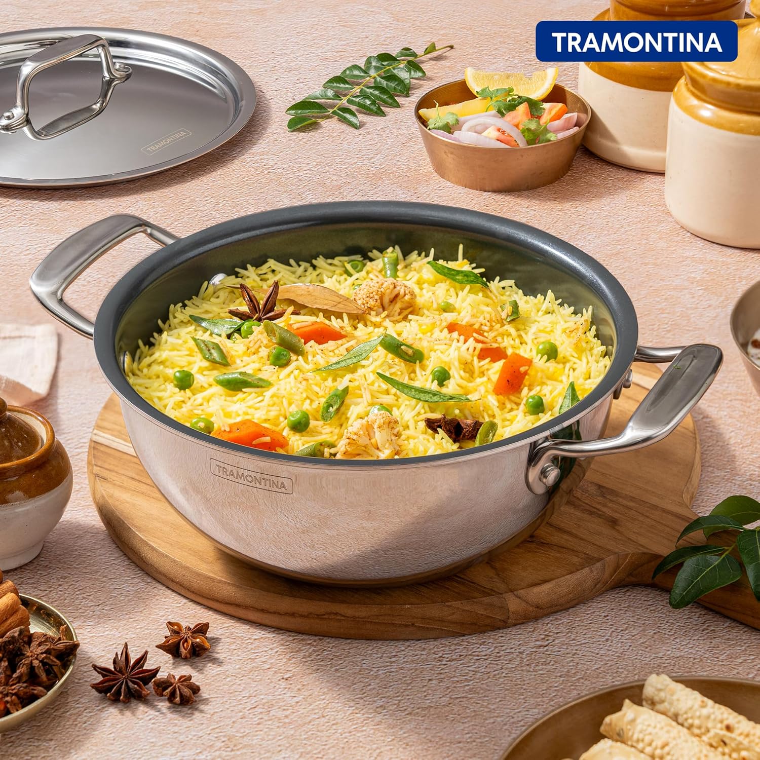Tramontina Fusao EX+ 28cm Ceramic Stainless Steel Tri-Ply Extra Deep Kadai with SS Lid - 5.9L