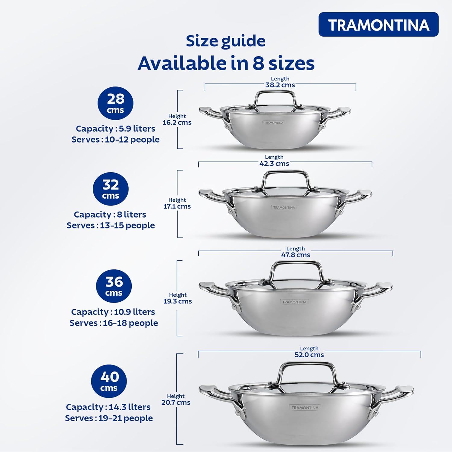Tramontina Fusao EX+ 28cm Ceramic Stainless Steel Tri-Ply Extra Deep Kadai with SS Lid - 5.9L
