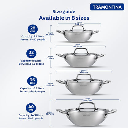 Tramontina Fusao EX+ 28cm Ceramic Stainless Steel Tri-Ply Extra Deep Kadai with SS Lid - 5.9L
