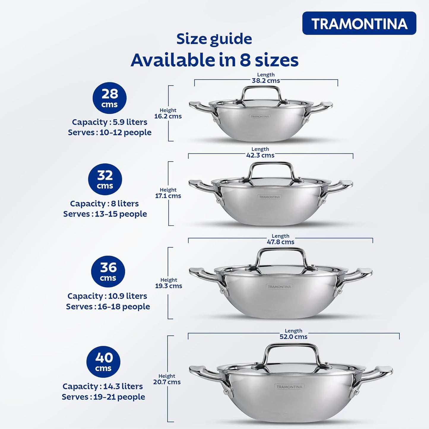 Tramontina Fusao EX+ 32cm Ceramic Stainless Steel Tri-Ply Extra Deep Kadai with SS Lid - 8.0L