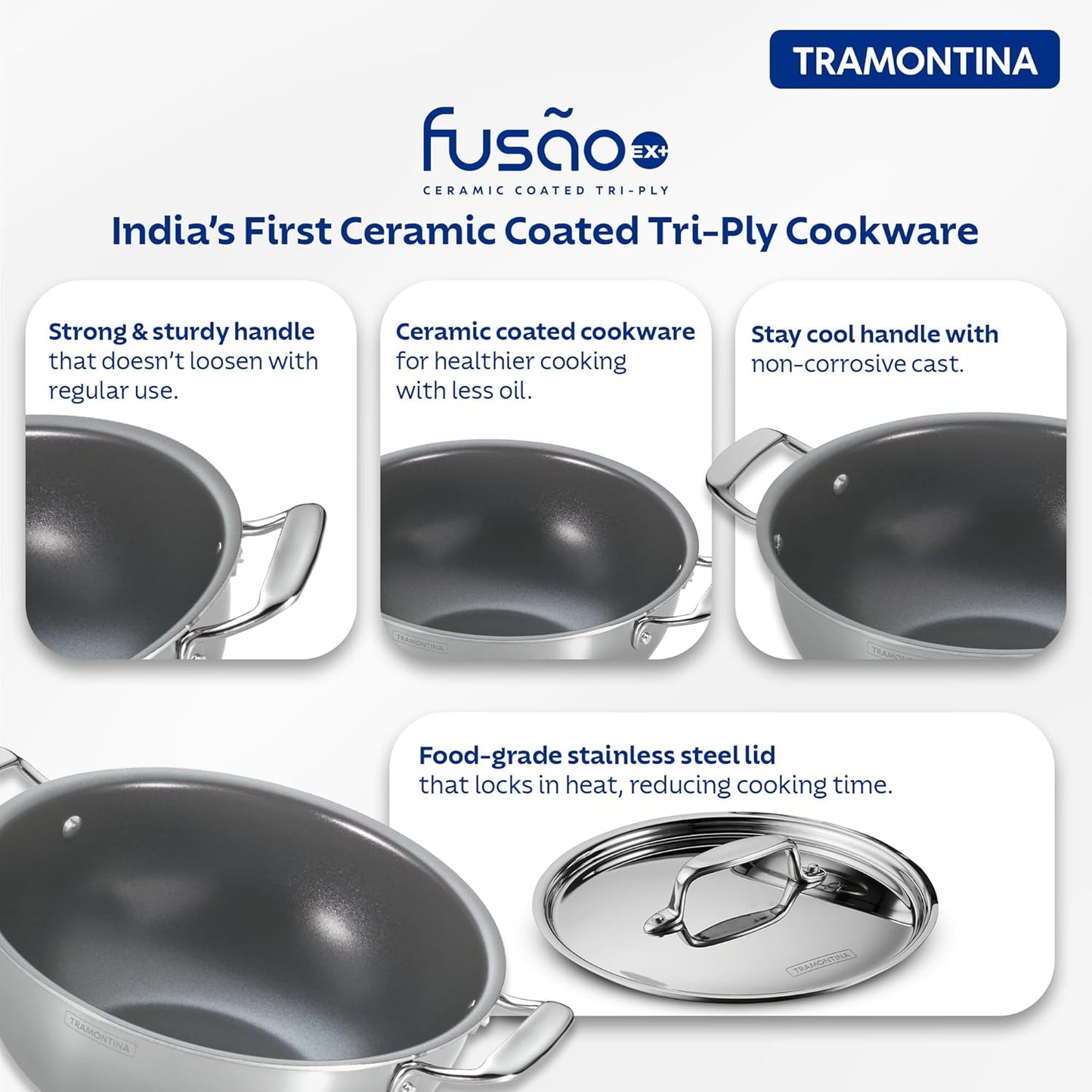 Tramontina Fusao EX+ 32cm Ceramic Stainless Steel Tri-Ply Extra Deep Kadai with SS Lid - 8.0L