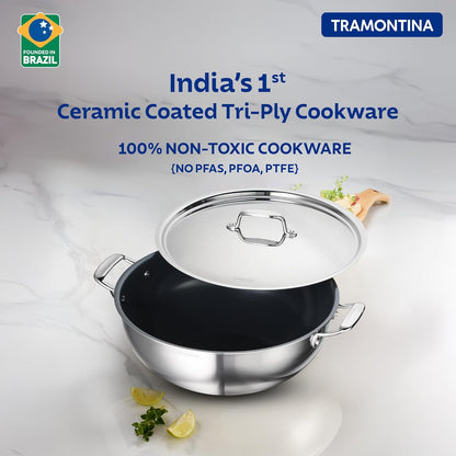 Tramontina Fusao EX+ 36cm Ceramic Stainless Steel Tri-Ply Extra Deep Kadai with SS Lid - 10.9L