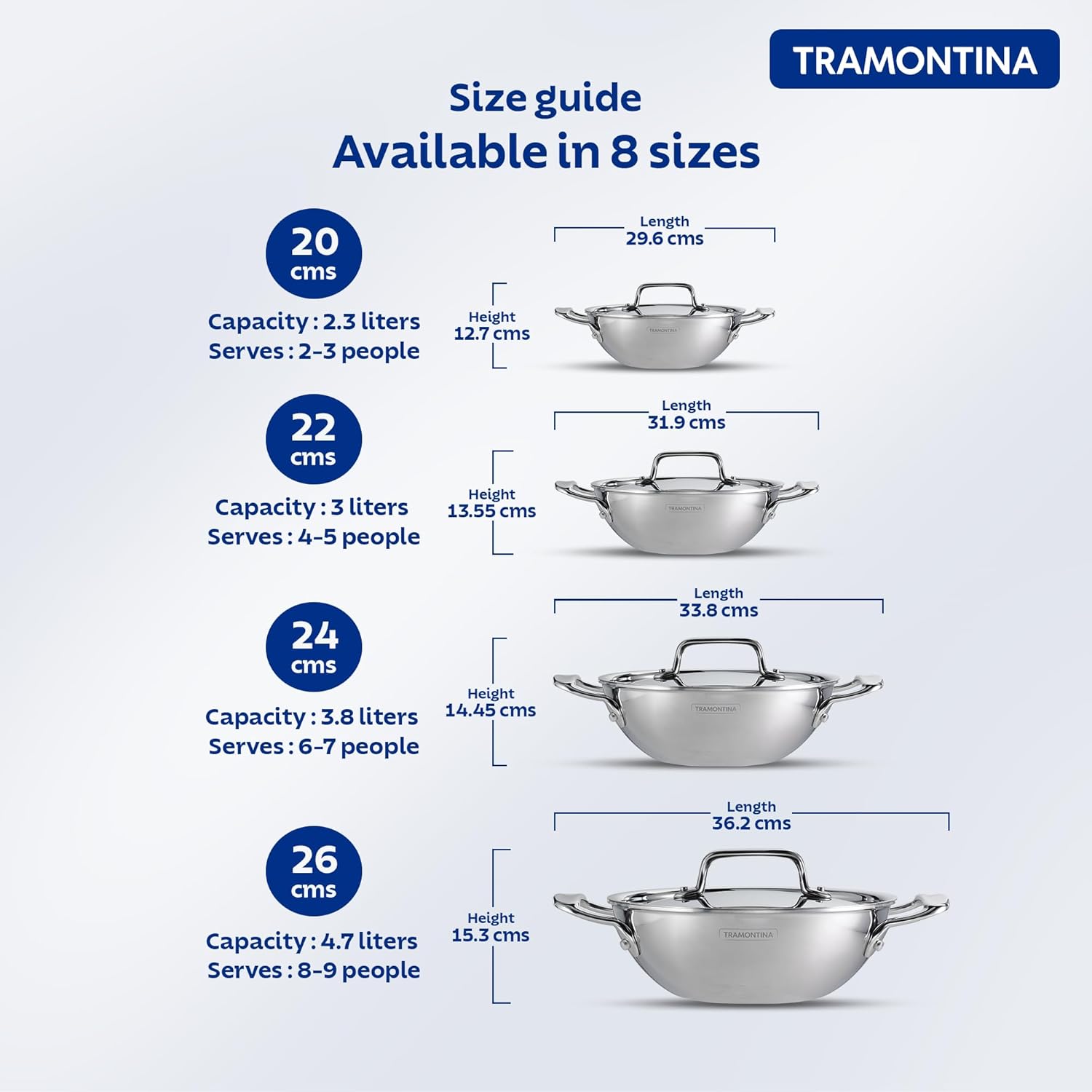 Tramontina Fusao EX+ 40cm Ceramic Stainless Steel Tri-Ply Extra Deep Kadai with SS Lid - 14.3L