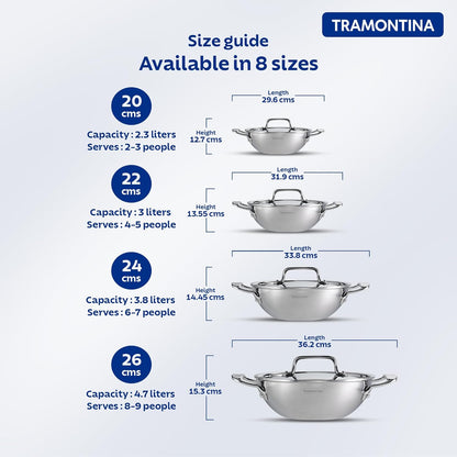 Tramontina Fusao EX+ 40cm Ceramic Stainless Steel Tri-Ply Extra Deep Kadai with SS Lid - 14.3L