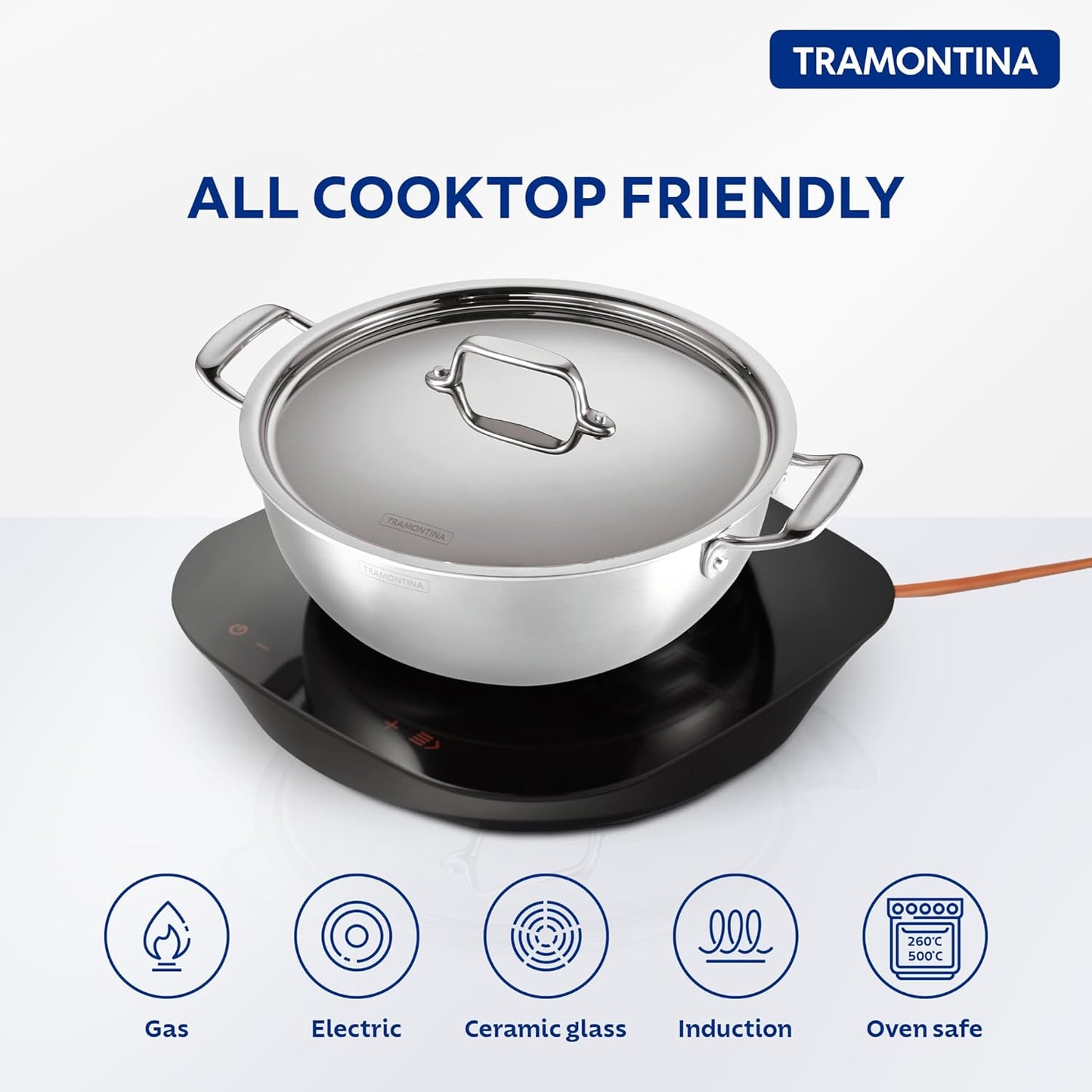 Tramontina Fusao EX+ 40cm Ceramic Stainless Steel Tri-Ply Extra Deep Kadai with SS Lid - 14.3L