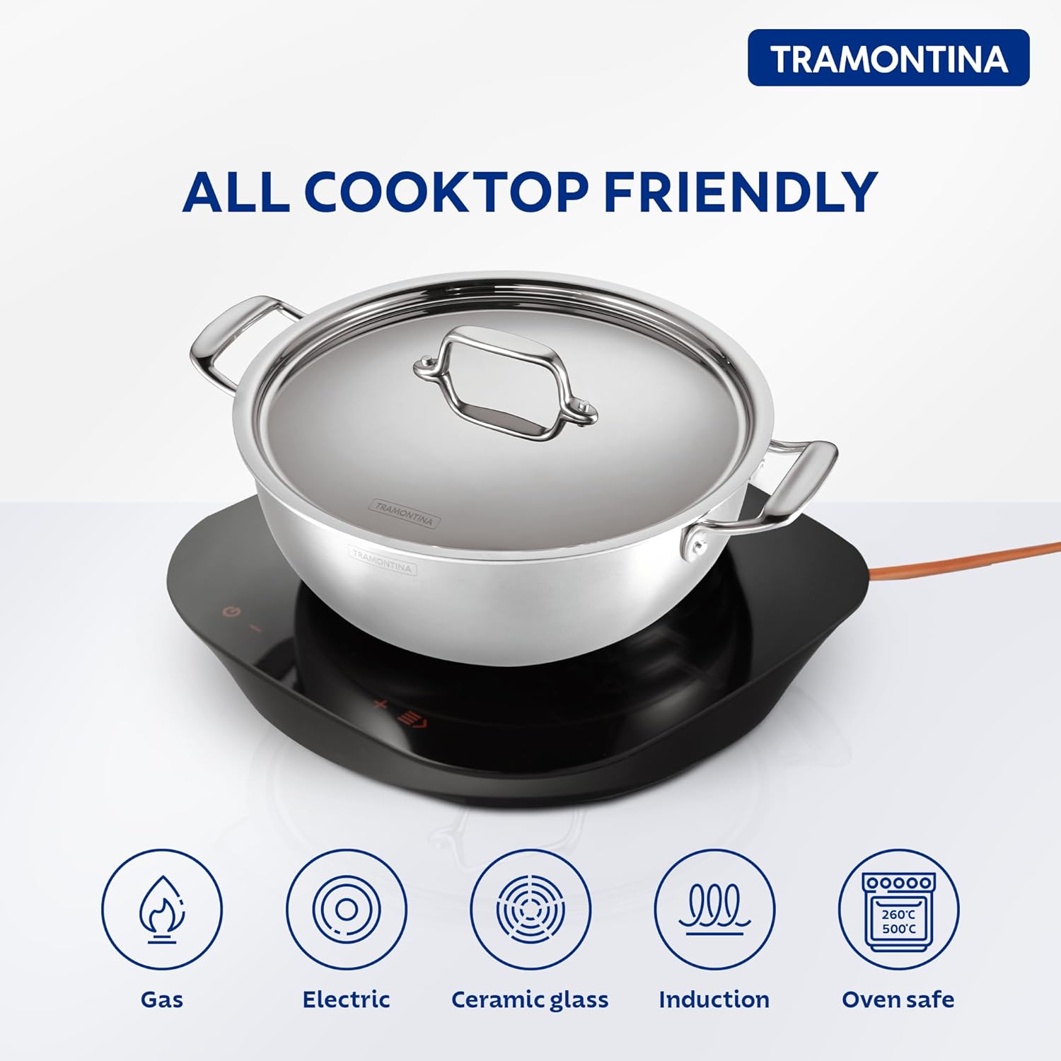 Tramontina Fusao EX+ 40cm Ceramic Stainless Steel Tri-Ply Extra Deep Kadai with SS Lid - 14.3L
