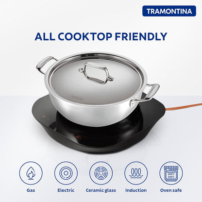 Tramontina Fusao EX+ 40cm Ceramic Stainless Steel Tri-Ply Extra Deep Kadai with SS Lid - 14.3L