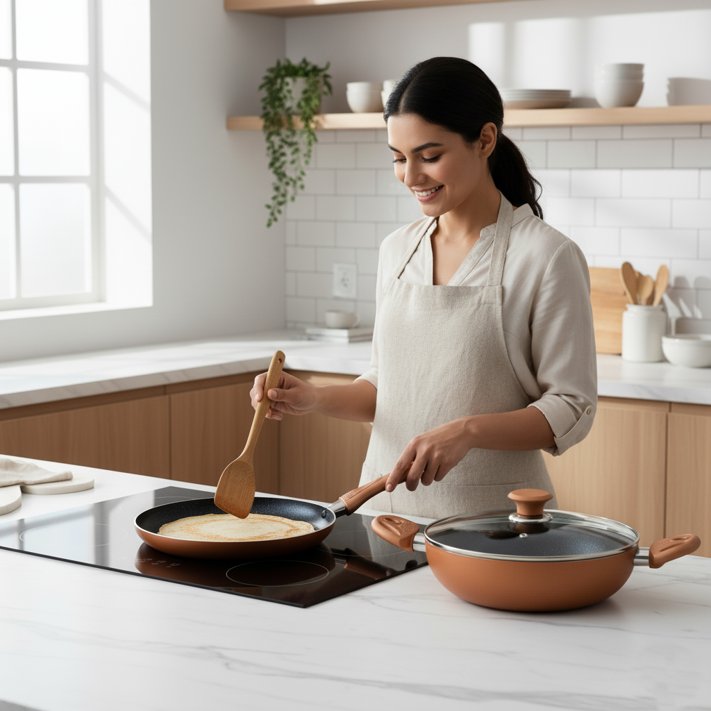 KEMP Non Stick Cookware Omega Gift Set of 3 (Dosa Tawa 28 cm, Kadai with Glass Lid 25 cm) | Matte Black and Brown | Non Stick Ceramic Coating |Heat Resistant Handles (Omega-3 PCS Set)