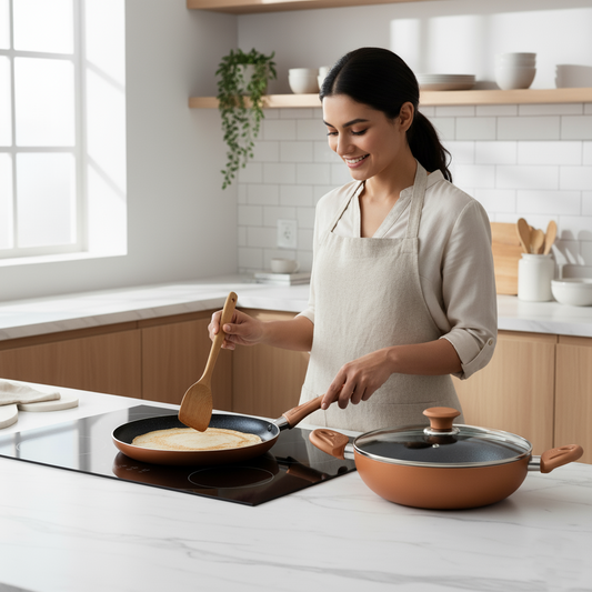 KEMP Non Stick Cookware Omega Gift Set of 3 (Dosa Tawa 28 cm, Kadai with Glass Lid 25 cm) | Matte Black and Brown | Non Stick Ceramic Coating |Heat Resistant Handles (Omega-3 PCS Set)