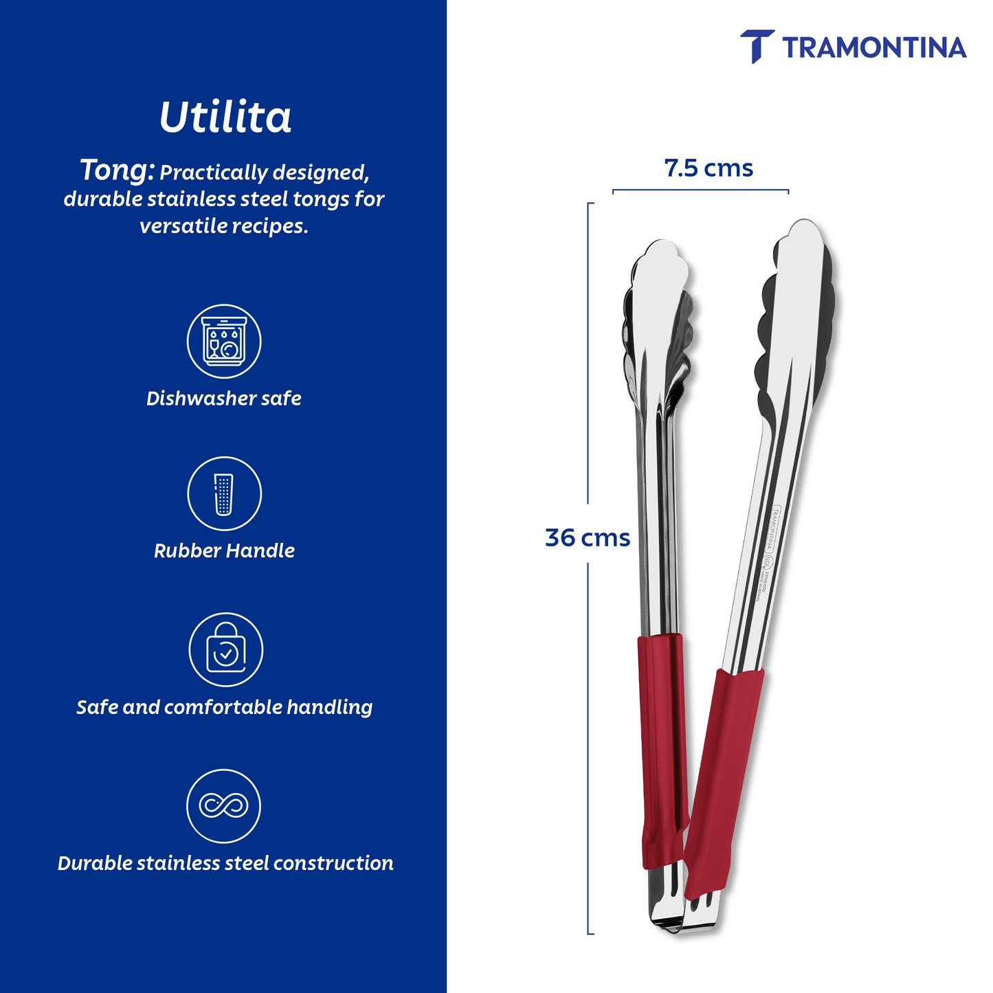Tramontina Utilitá stainless steel tongs with red rubber handle, 30 cm