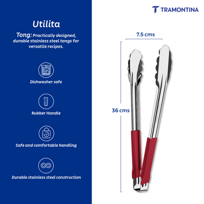 Tramontina Utilitá stainless steel tongs with red rubber handle, 30 cm
