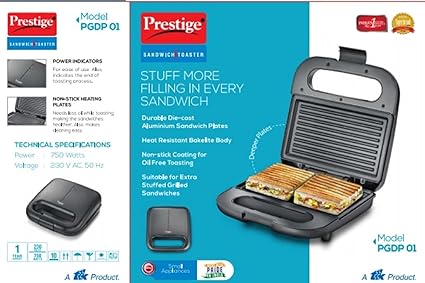 Prestige Sandwich Toaster PGDP 01 with Fixed Grill Plates