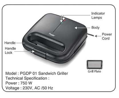 Prestige Sandwich Toaster PGDP 01 with Fixed Grill Plates