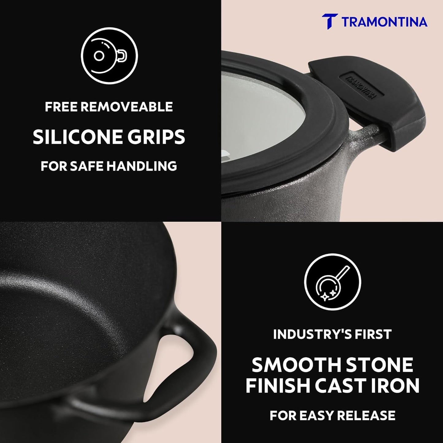 Tramontina Titanex 20cm Pre-Seasoned Cast Iron Casserole with Heat Resistant Silicone Grip – 3.1L