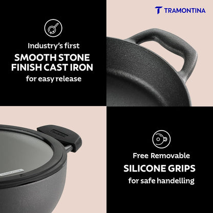 Tramontina Titanex 20cm Pre-Seasoned Cast Iron Extra Deep Kadai with Heat Resistant Silicone Grip – 2.3L