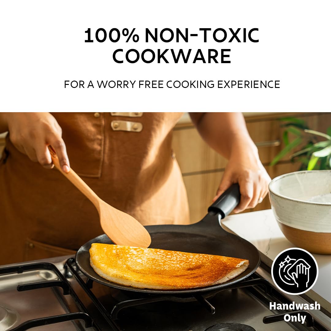 Tramontina Titanex 24cm Pre-Seasoned Cast Iron Dosa Tawa with Heat Resistant Silicone Grip