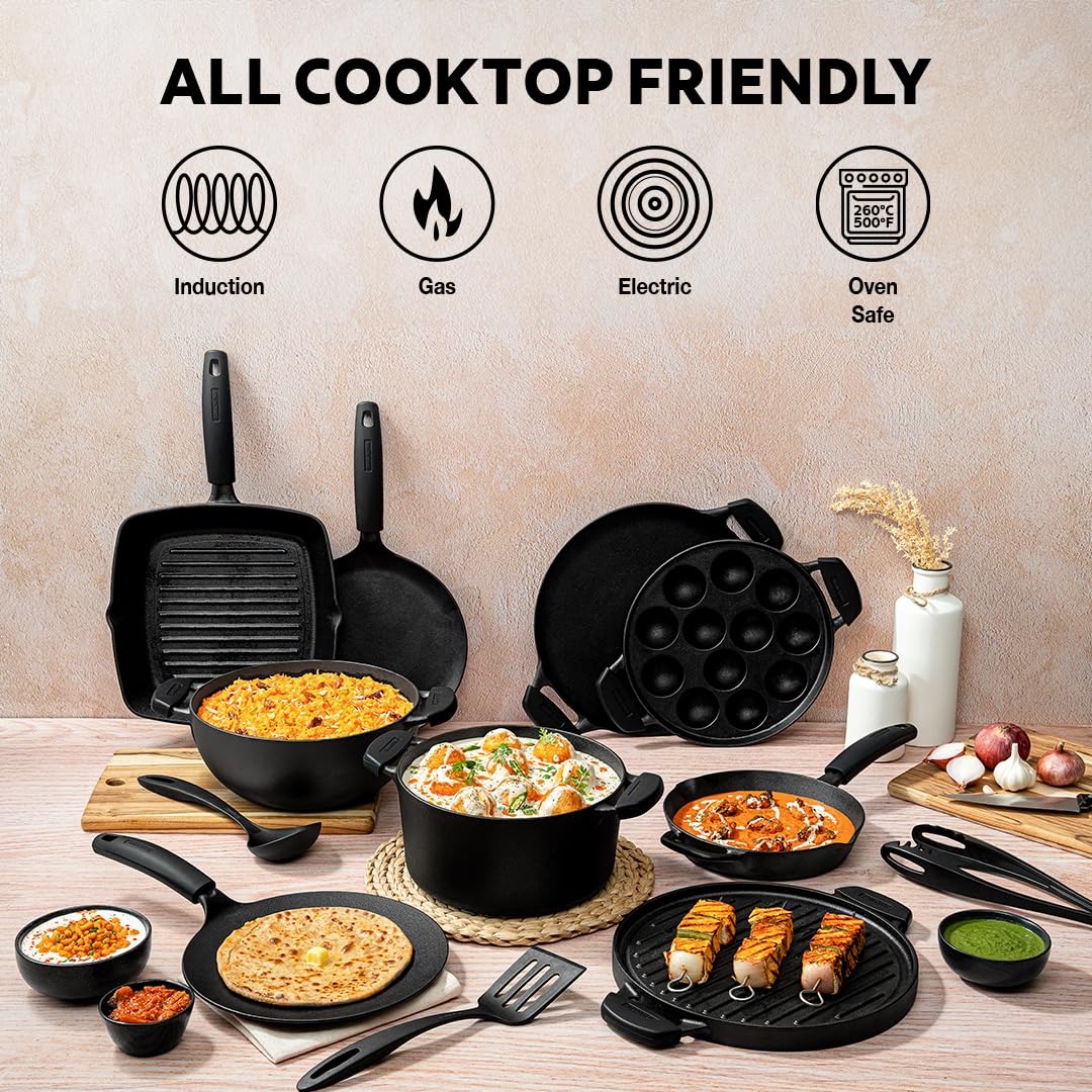 Tramontina Titanex 26cm Pre-Seasoned Cast Iron Concave Roti Tawa with Heat Resistant Silicone Grip
