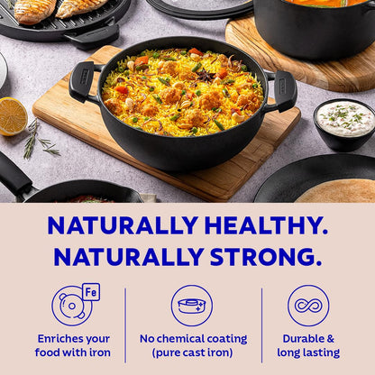 Tramontina Titanex 26cm Pre-Seasoned Cast Iron Extra Deep Kadai with Heat Resistant Silicone Grip – 4.6L
