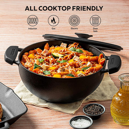 Tramontina Titanex 26cm Pre-Seasoned Cast Iron Extra Deep Kadai with Heat Resistant Silicone Grip – 4.6L