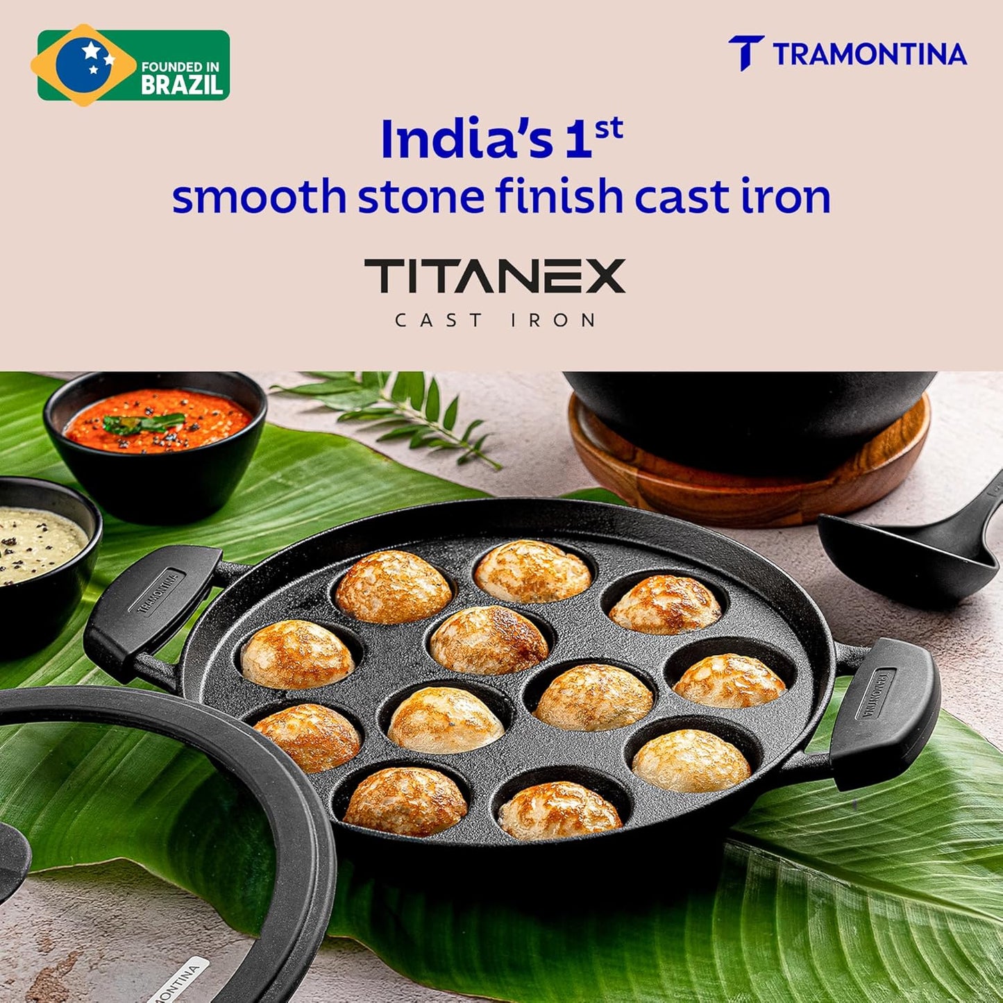 Tramontina Titanex 26cm Pre-Seasoned Cast Iron PaniyaramAppe Pan – 12 Pits