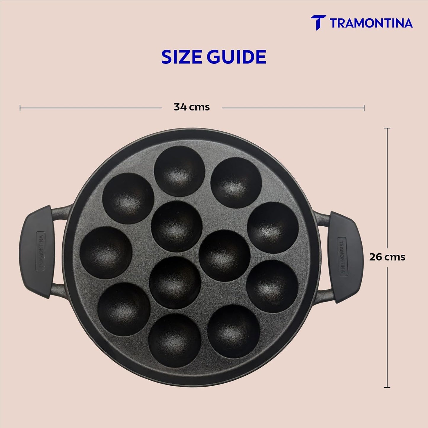 Tramontina Titanex 26cm Pre-Seasoned Cast Iron PaniyaramAppe Pan – 12 Pits