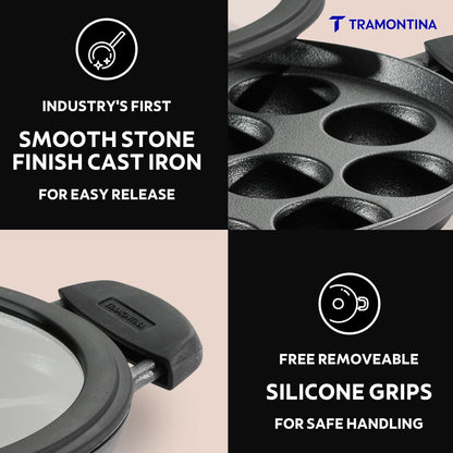 Tramontina Titanex 26cm Pre-Seasoned Cast Iron PaniyaramAppe Pan – 12 Pits