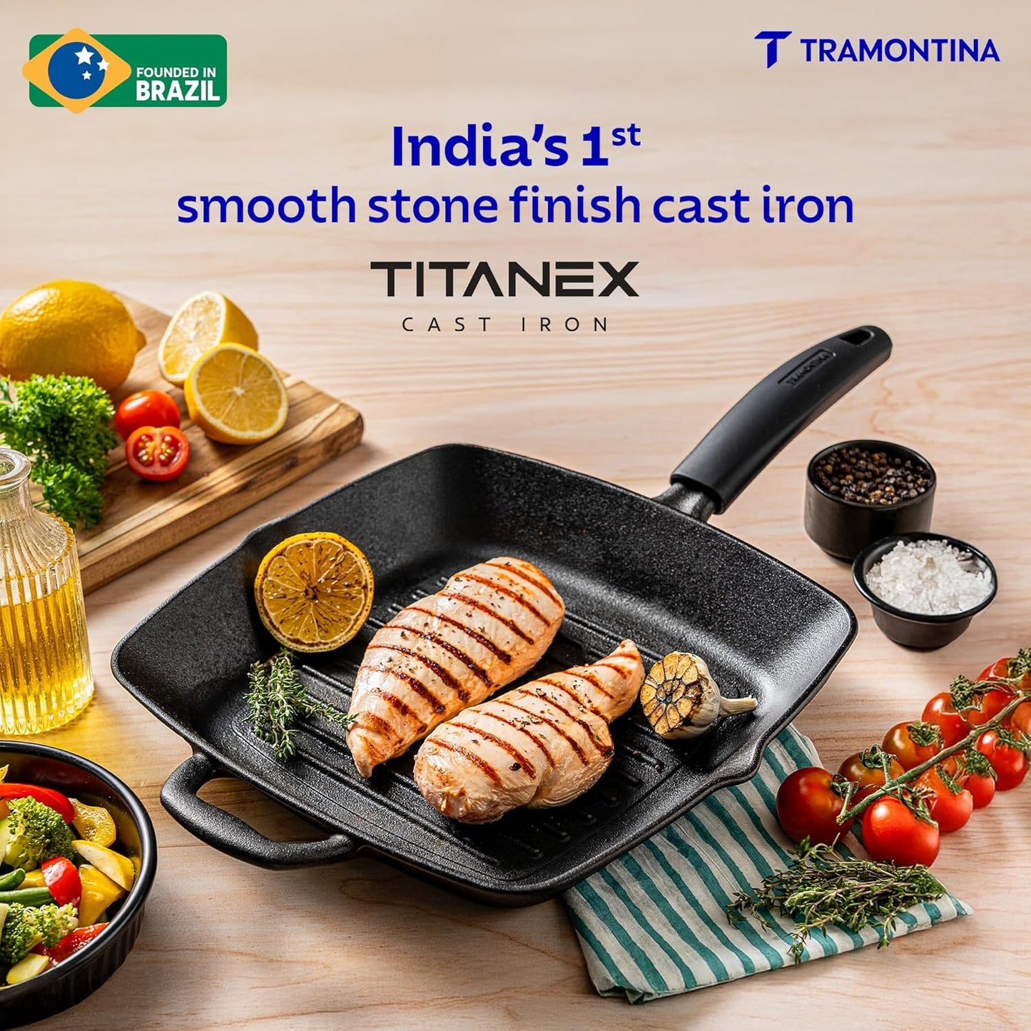 Tramontina Titanex 27cm Pre-Seasoned Cast Iron Grill Pan with Heat Resistant Silicone Grip