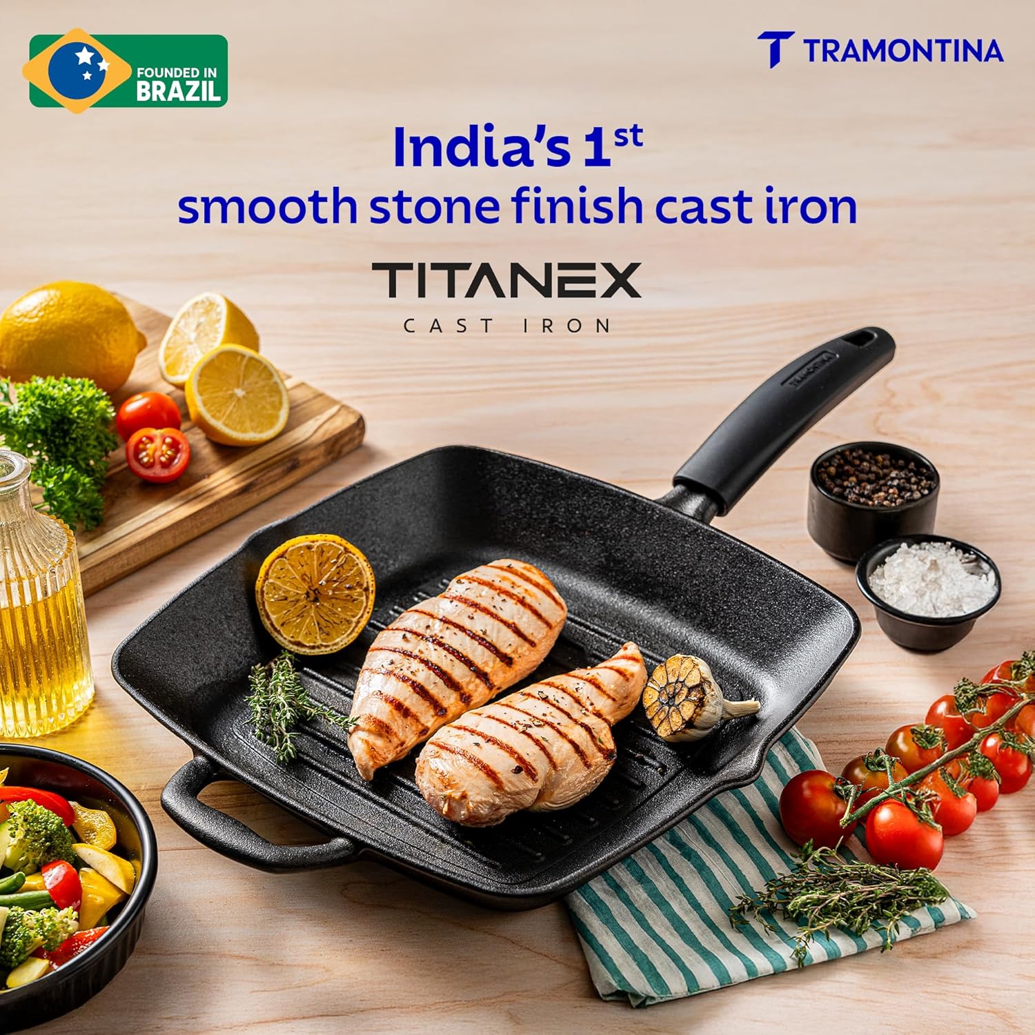 Tramontina Titanex 27cm Pre-Seasoned Cast Iron Grill Pan with Heat Resistant Silicone Grip