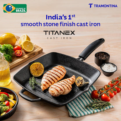 Tramontina Titanex 27cm Pre-Seasoned Cast Iron Grill Pan with Heat Resistant Silicone Grip