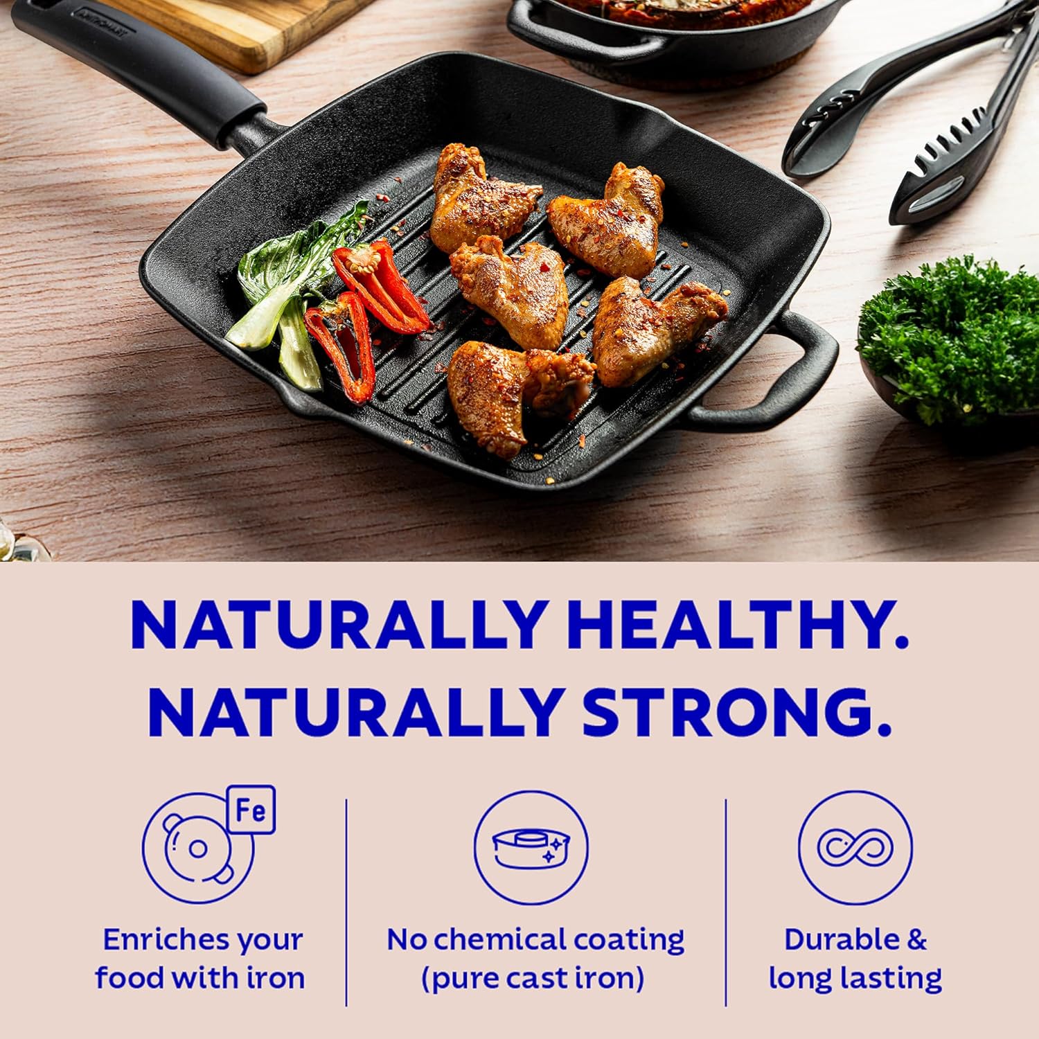 Tramontina Titanex 27cm Pre-Seasoned Cast Iron Grill Pan with Heat Resistant Silicone Grip