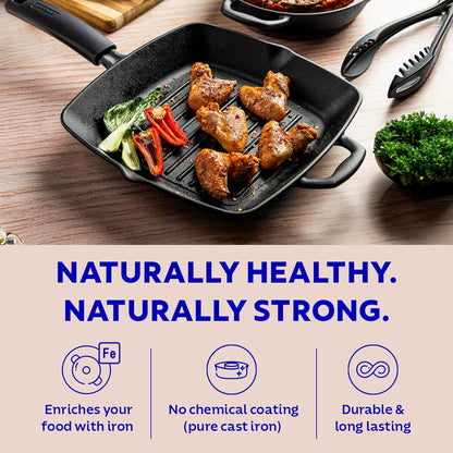 Tramontina Titanex 27cm Pre-Seasoned Cast Iron Grill Pan with Heat Resistant Silicone Grip