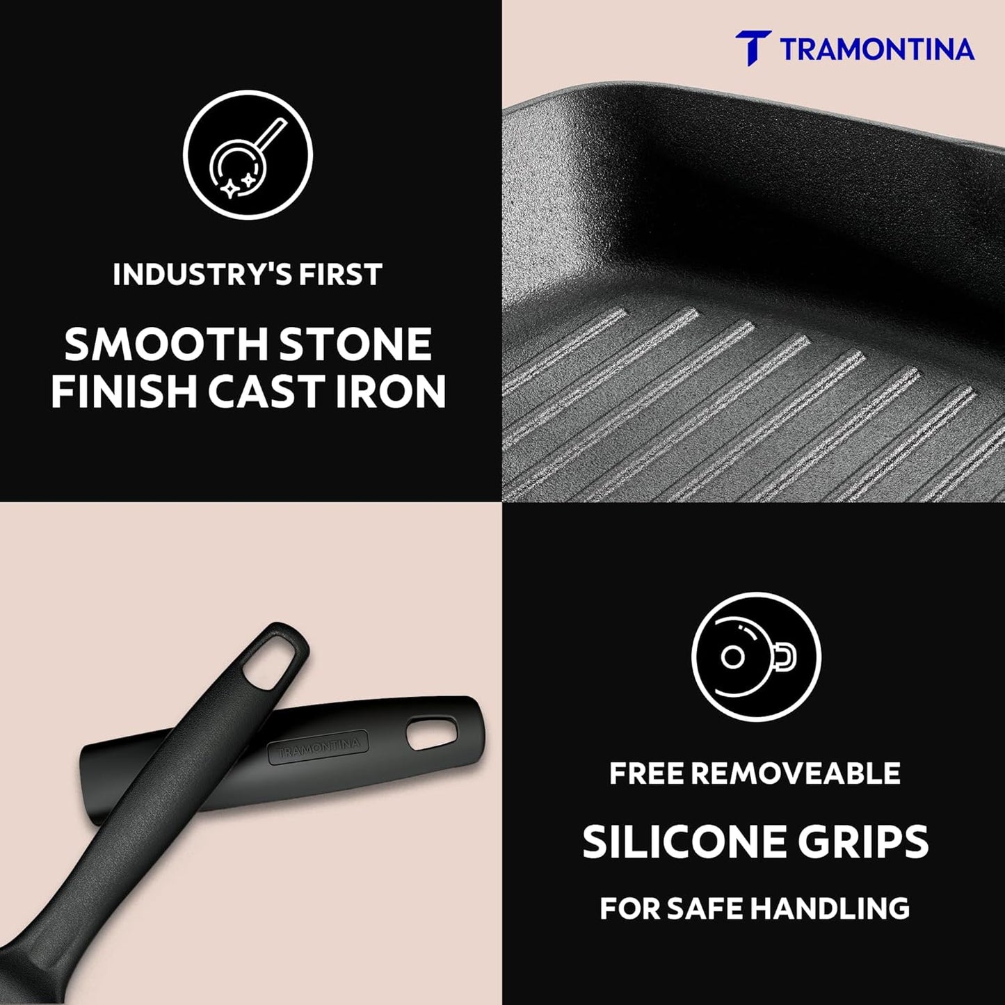 Tramontina Titanex 27cm Pre-Seasoned Cast Iron Grill Pan with Heat Resistant Silicone Grip