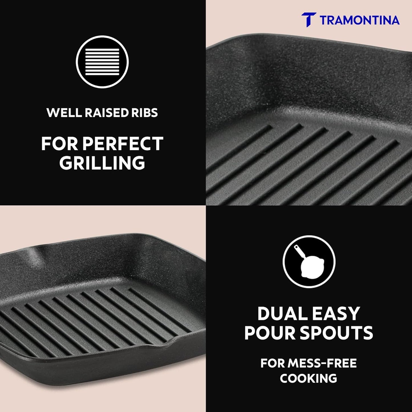 Tramontina Titanex 27cm Pre-Seasoned Cast Iron Grill Pan with Heat Resistant Silicone Grip