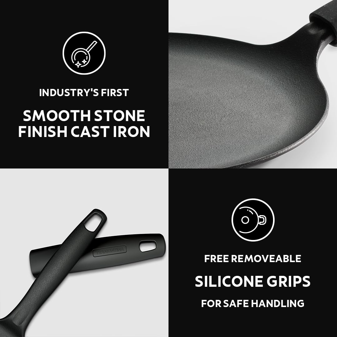 Tramontina Titanex 28cm Pre-Seasoned Cast Iron Dosa Tawa with Heat Resistant Silicone Grip