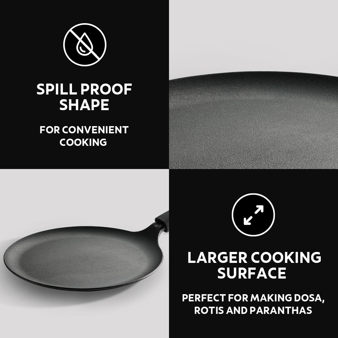 Tramontina Titanex 28cm Pre-Seasoned Cast Iron Dosa Tawa with Heat Resistant Silicone Grip