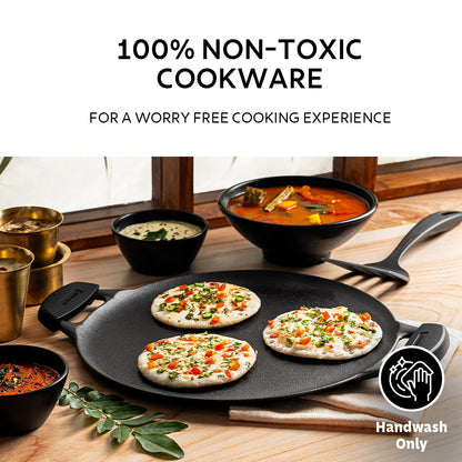 Tramontina Titanex 30cm Pre-Seasoned Cast Iron Dual Handle Dosa Tawa with Heat Resistant Silicone Grip