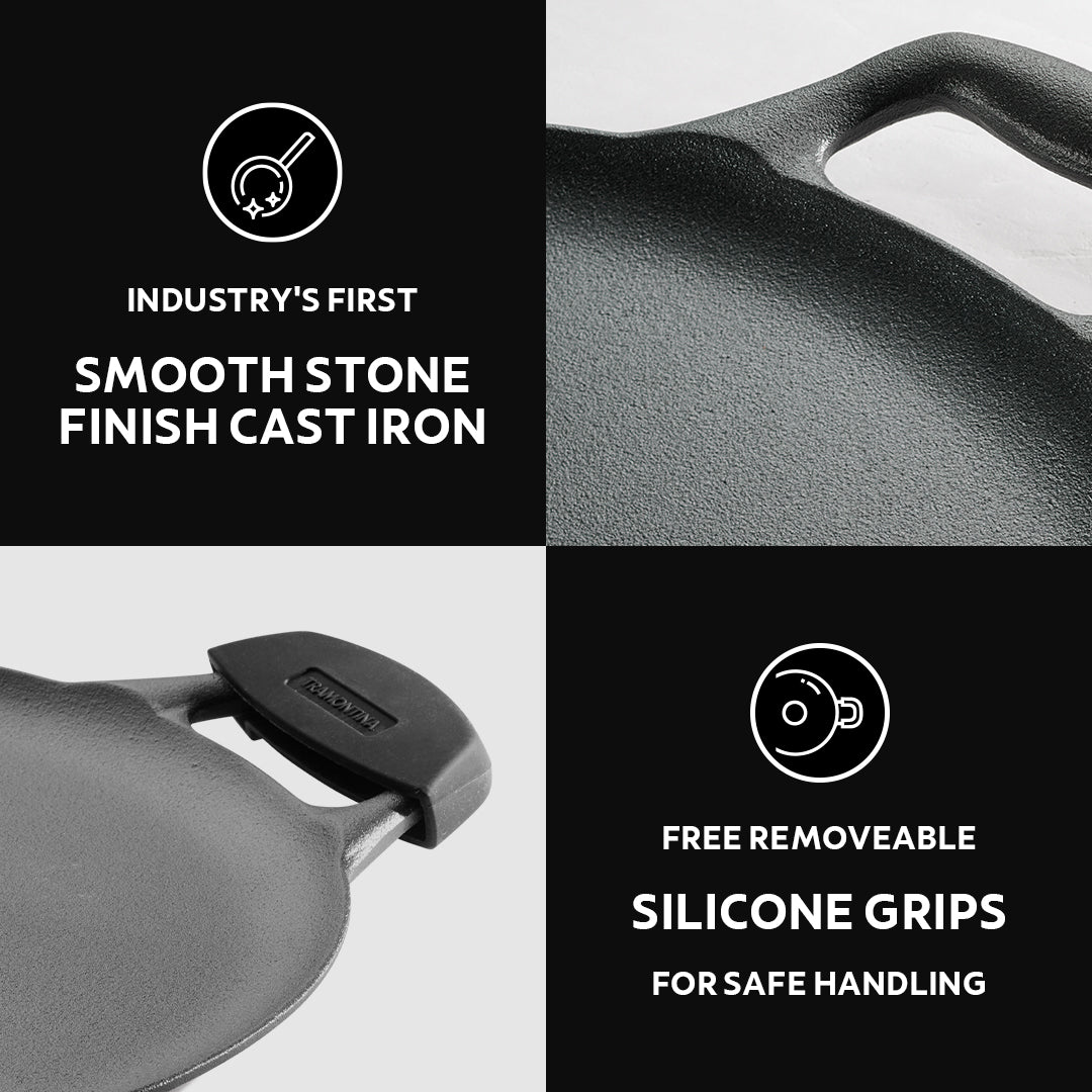 Tramontina Titanex 30cm Pre-Seasoned Cast Iron Dual Handle Dosa Tawa with Heat Resistant Silicone Grip