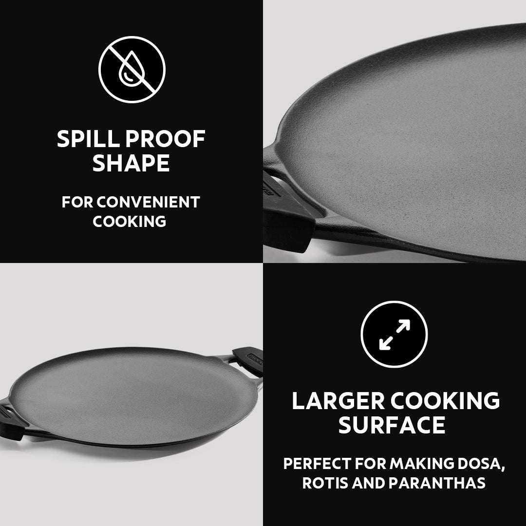 Tramontina Titanex 30cm Pre-Seasoned Cast Iron Dual Handle Dosa Tawa with Heat Resistant Silicone Grip