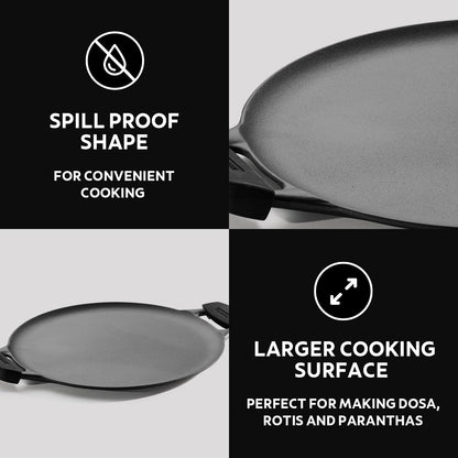 Tramontina Titanex 30cm Pre-Seasoned Cast Iron Dual Handle Dosa Tawa with Heat Resistant Silicone Grip